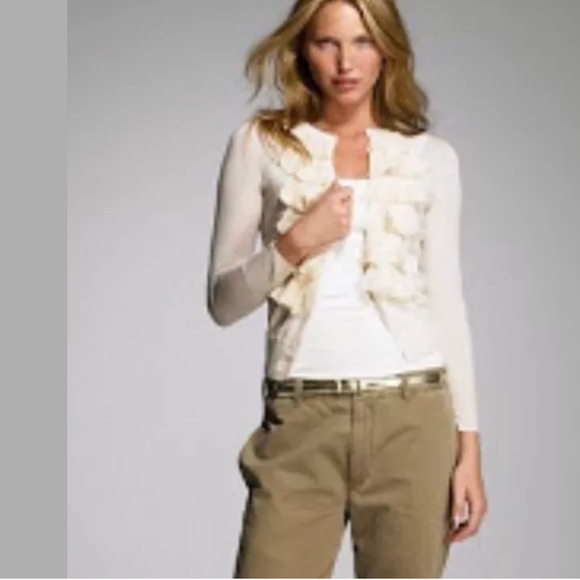 J.CREW Merino 100% Wool Lili Ruffle Chiffon Cardigan Sweater Vibrant Orange Knit - Picture 3 of 10